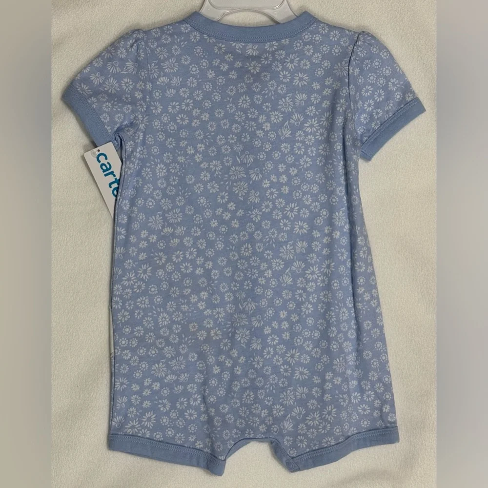 Carter’s 18M Infant Girl Blue Floral Snap Up Romper Embroidered Bunny Design NWT